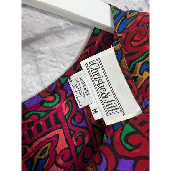 Vintage Christie & Jill Short Sleeve Silk Blouse Red Loud Print 90s Keyhole M - Picture 6 of 7